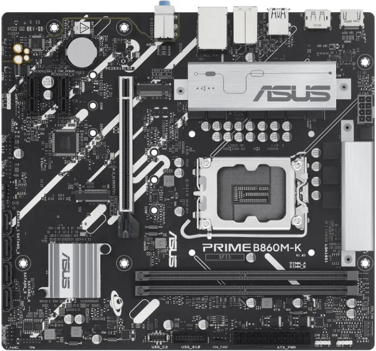 Материнская плата ASUS PRIME B860M-K Retail (Intel B860, S-1851, mATX, 2xDDR5-8800*, 4xSATA, 2xM.2, 1xPCIEx16, 2xPCIEx1, 2.5Gb, HDMI/DP)