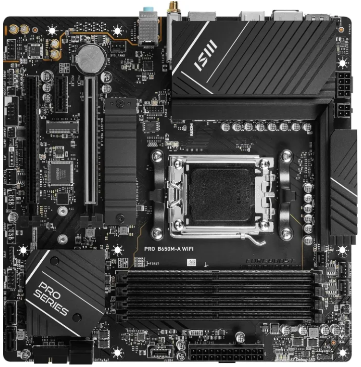 Материнская плата MSI PRO B650M-A WIFI Retail (AMD B650, S-AM5, mATX, 4xDDR5-7200*, 4xSATA. 2xM.2, 2xPCIEx16, 1xPCIEx1, 1xHDMI, 1xDP)