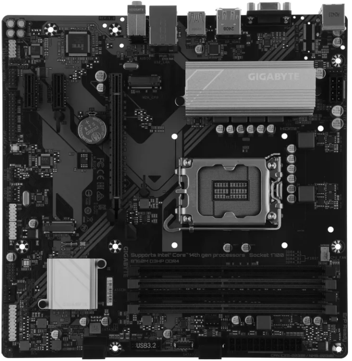 Материнская плата Gigabyte B760M D3HP DDR4 Retail (Intel B760, S-1700, mATX, 4xDDR4-5333*, 4xSATA, 2xM.2, 1xPCI-Ex16, 2xPCI-Ex1, 1Gb, D-SUB/HDMI/DP)