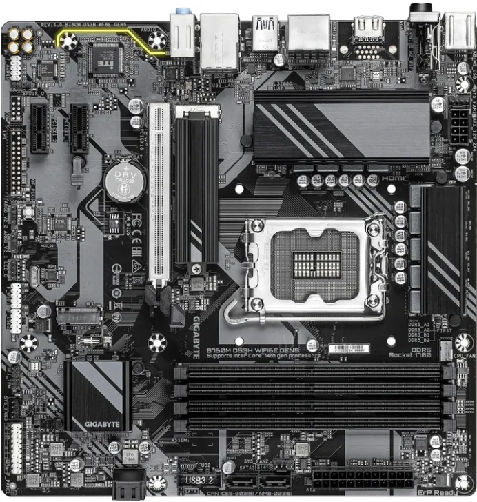 Материнская плата Gigabyte B760M DS3H WF6E GEN5 Retail (Intel B760, S-1700, mATX, 4xDDR5-7600*, 4xSATA, 2xM.2, 1xPCIEx16, 1xPCIEx1, 2.5Gb, HDMI/2xDP)