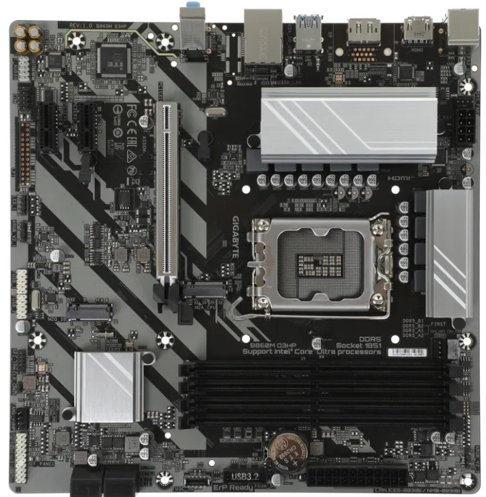 Материнская плата Gigabyte B860M D3HP Retail (Intel B860, S-1851, mATX, 2xDDR5-9066*, 4xSATA, 2xM.2, 1xPCIEx16, 2xPCIEx1, 1Gb LAN, HDMI/DP)